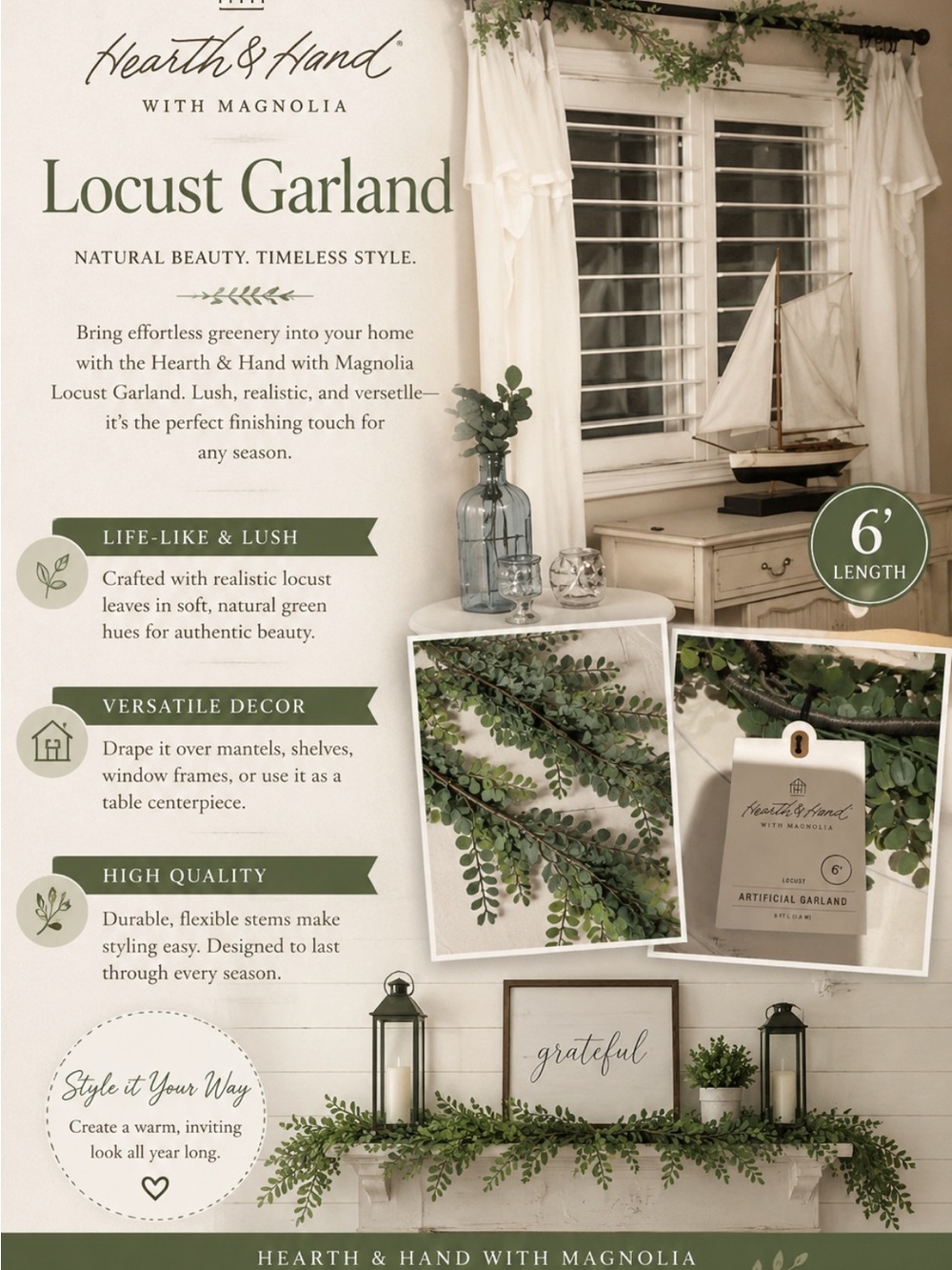 Set 2 xHearth & Hand with Magnolia Locust Garland - Green garland 6’